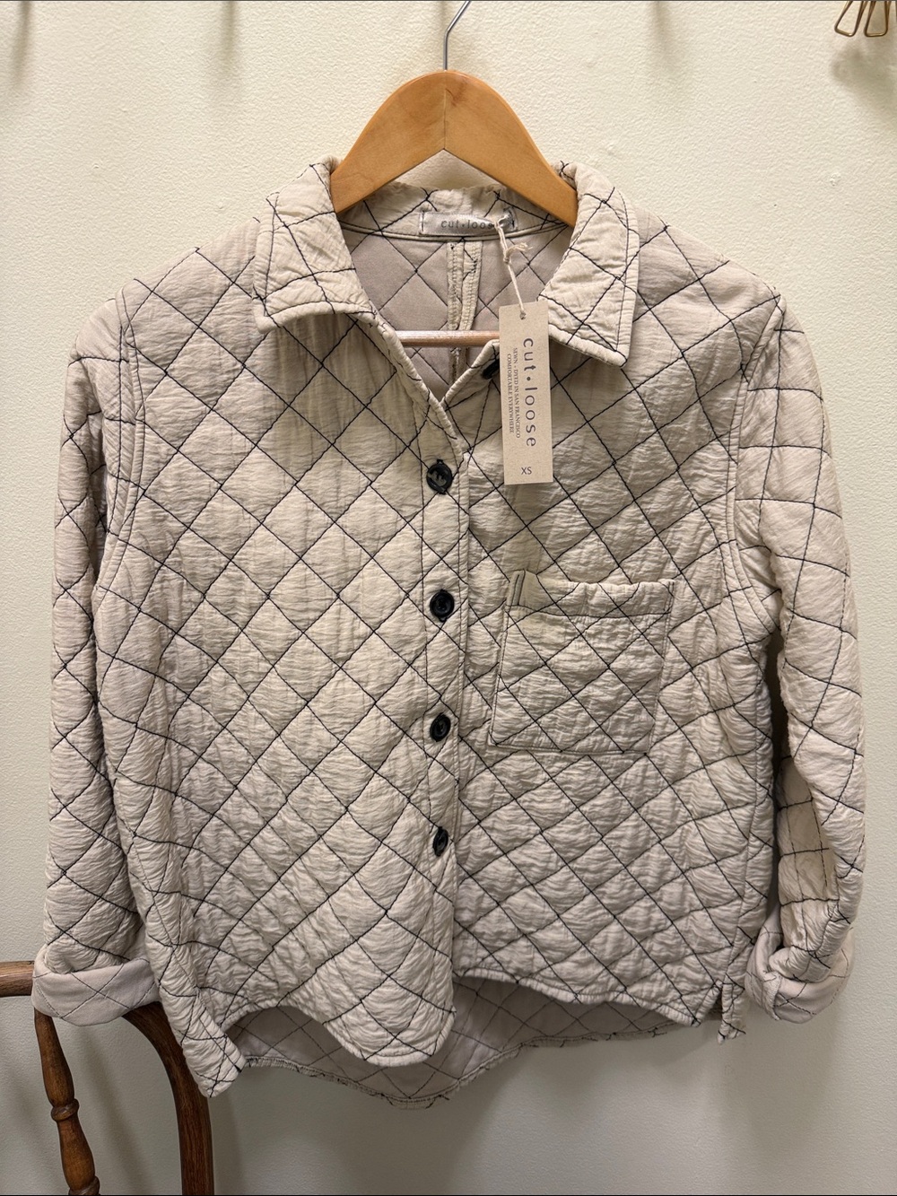 cut loose Quilted Beige Jacket with Black Grid Stitching